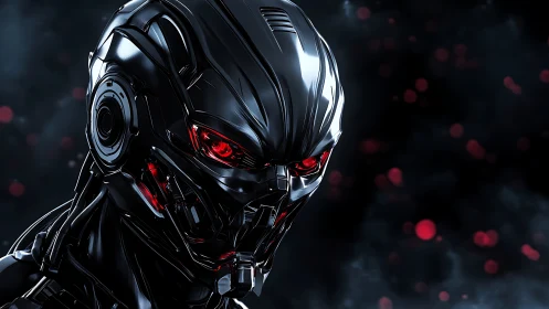 Dark cybernetic android glares with glowing red optics.