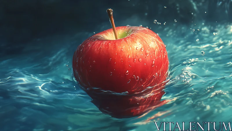 Crimson apple sails through sapphire ripples in sharp focus