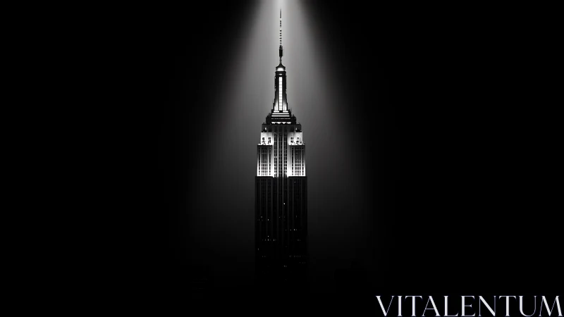 Illuminated skyscraper isolated against dark night sky.