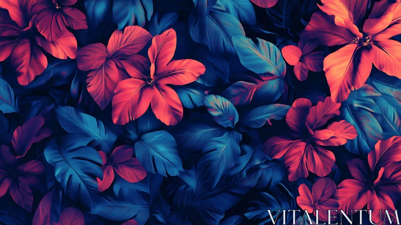 Neon red hibiscus flowers over deep blue tropical leaves.