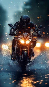 Roaring motorcycle rider carves a luminous path through rain