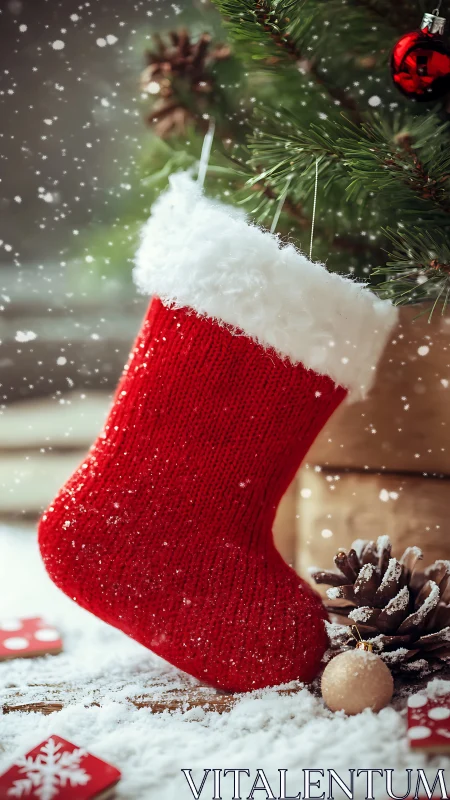 Red Christmas stocking hangs softly amid snowy pine branches