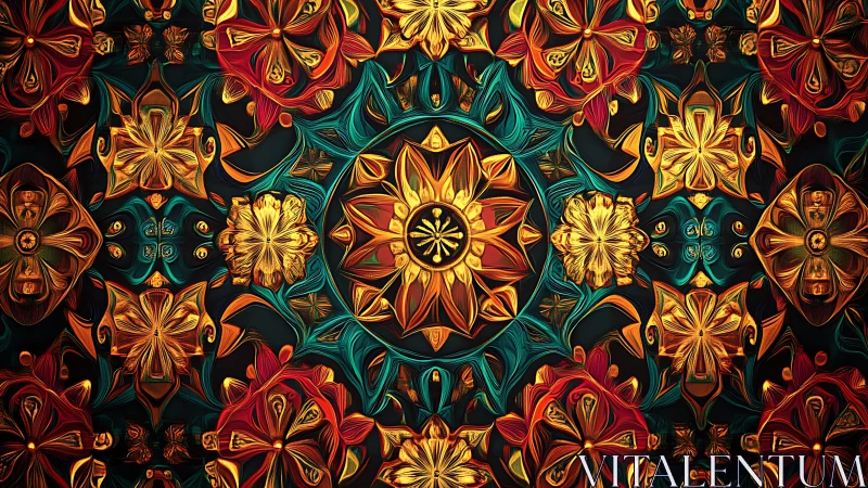 Symmetric luminous florals in dense radial tessellation field.