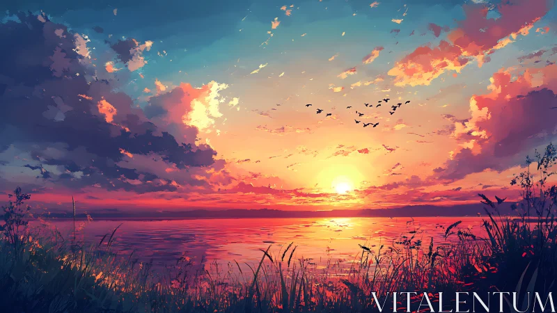 Vibrant digital sunset over tranquil lakeside horizon.