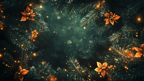 Festive evergreen border with poinsettias in digital painting style.