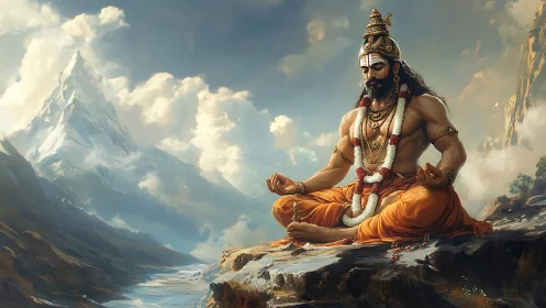 Meditating sage on Himalayan cliff amid luminous clouds.