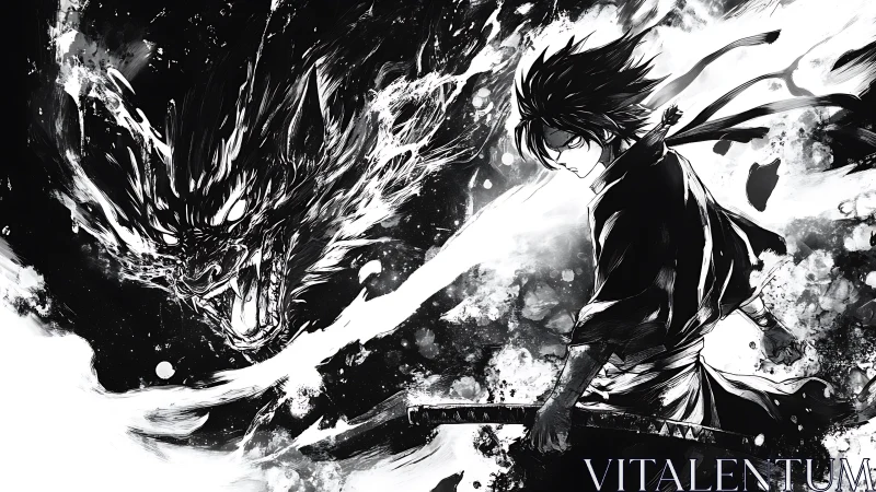 Storm-edged swordsman duels voidborn dragon in inked fury.