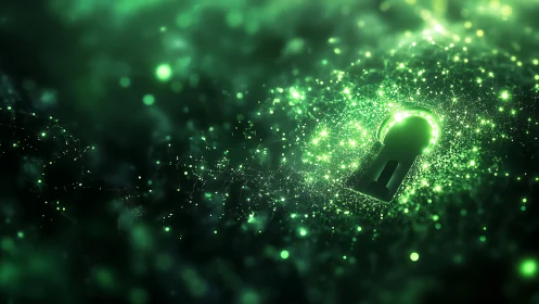 Digital keyhole icon within green data particle field.