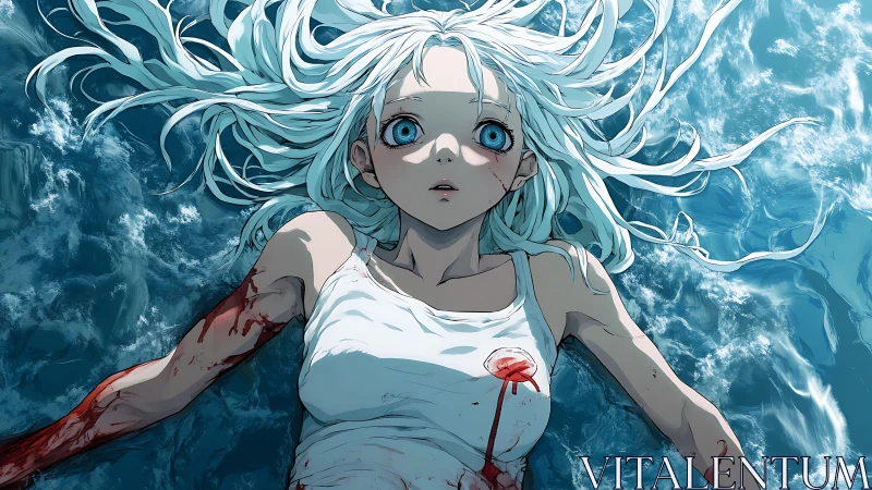 Bleeding girl in turbulent seawater rendered with high contrast linework