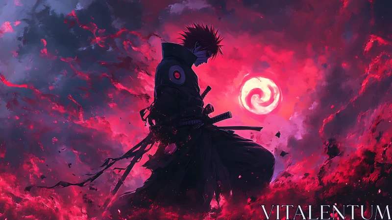 Crimson-lit warrior silhouette in swirling cosmic storm.