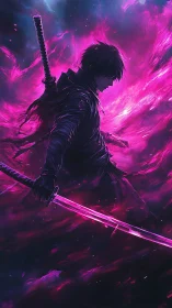 Silhouetted swordsman amid violet energy field background.