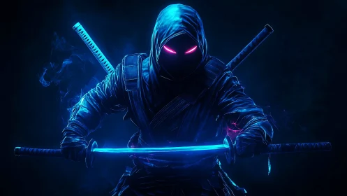 Cyberpunk ninja with dual katanas in neon rim lighting.
