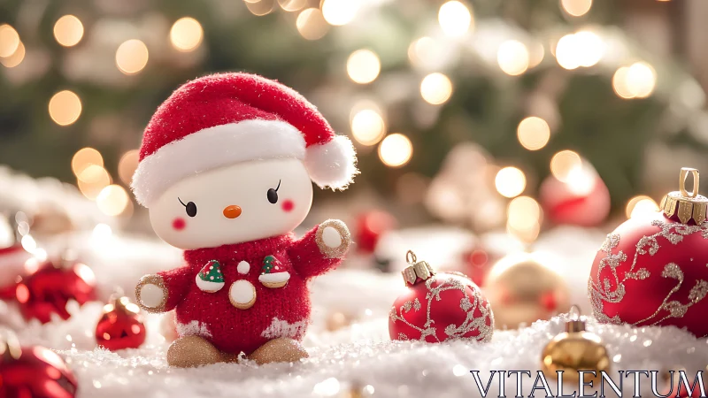 Cute Christmas doll in red outfit among festive ornaments.