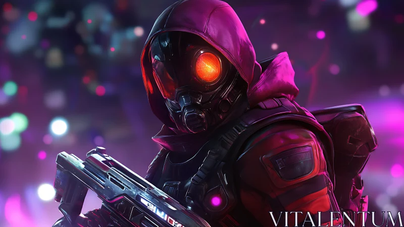 Cyberpunk sniper with neon visor in glowing city haze.