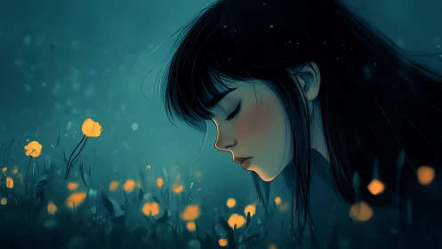 Side profile of girl above glowing flowers at night.