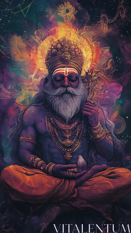 Mystic sage in cosmic meditation with radiant astral halo.