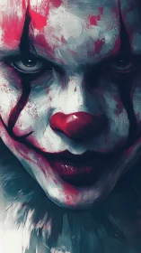 Close frontal view of stylized sinister clown portrait.