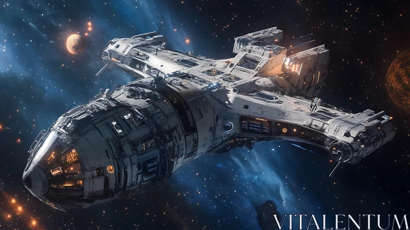 Heavily armored starship crosses luminous deep space field.