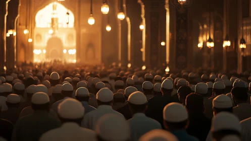 Evening prayer crowd inside grand mosque under warm lights.