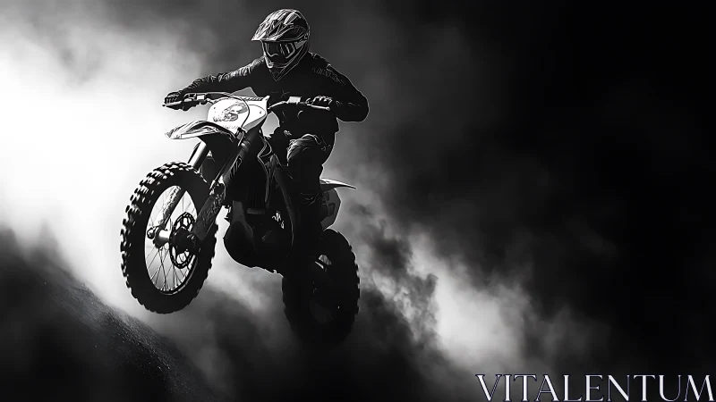 Motocross rider launches through smoky monochrome sky.