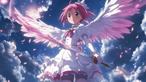 Angel-winged magical girl holds sword against dramatic sky