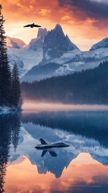 Jet aircraft floats on calm alpine lake beneath snowy peaks