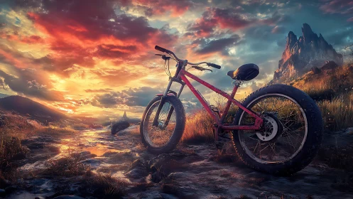 Pink Bicycle Against Dramatic Sunset Mountain Landscape.