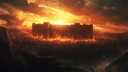 Massive fortified citadel engulfed in blazing firestorm.