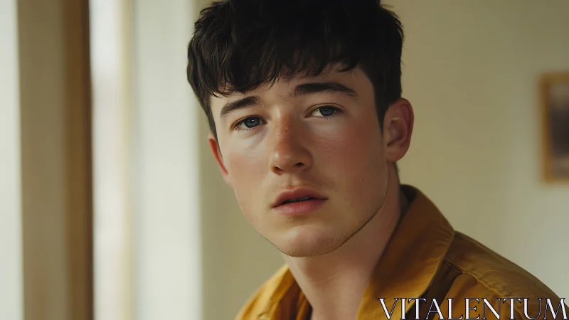 Young man gazes softly toward window in warm daylight