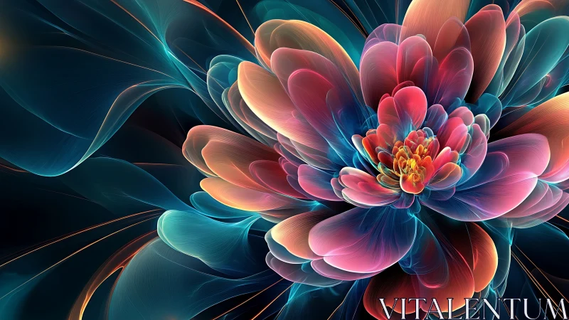 Fractal-rendered luminous flower structure with layered translucent petals