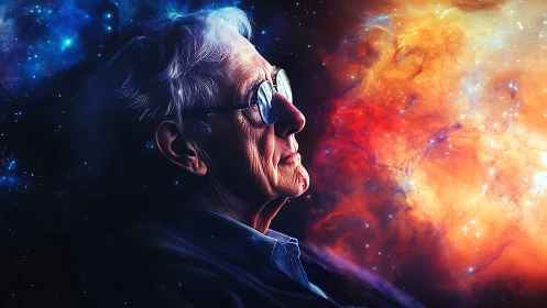 Elderly thinker in profile gazes into vivid cosmic nebula field