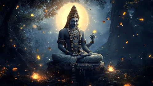 Soft moonlit deity meditates in a glowing forest sanctuary