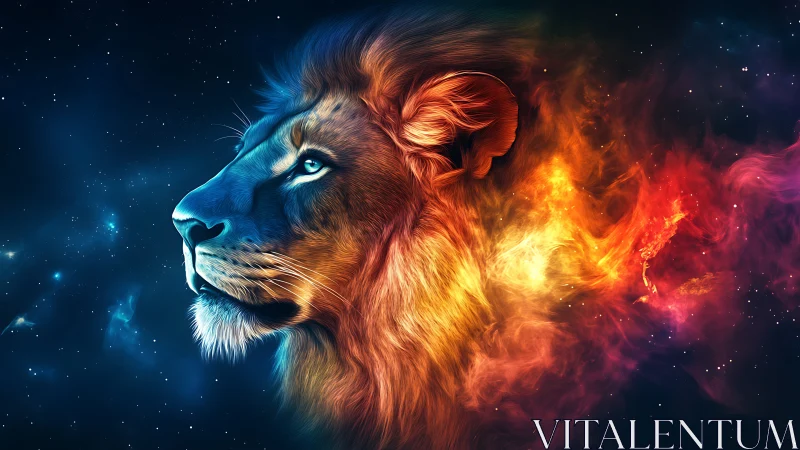 Majestic cosmic lion gazes into deep space in vivid fire