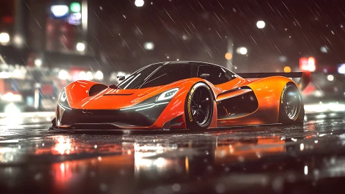 Orange hypercar slices through neon city rain at night