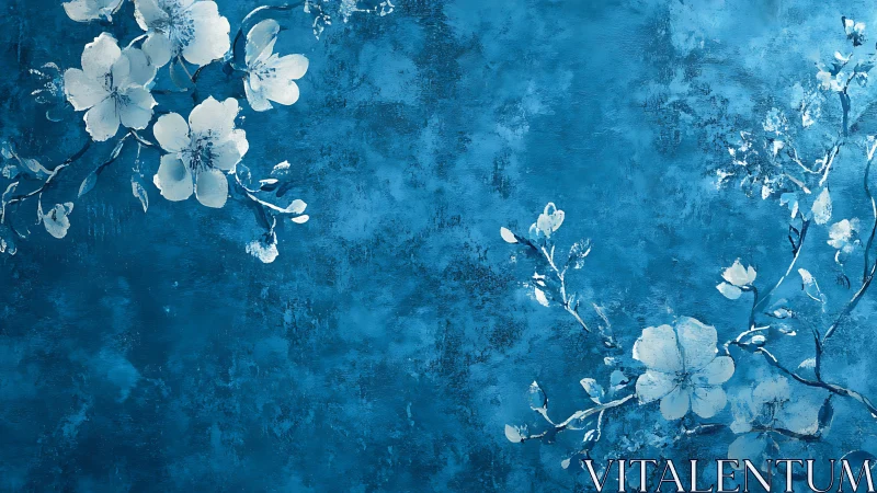 White blossoms spread across textured blue abstract field