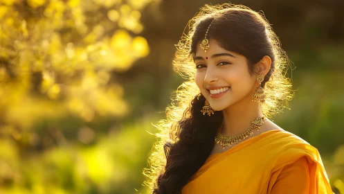 Smiling woman in yellow saree under warm golden light.