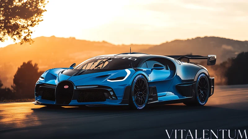 Sunset sprint for a cobalt hypercar on molten tarmac.