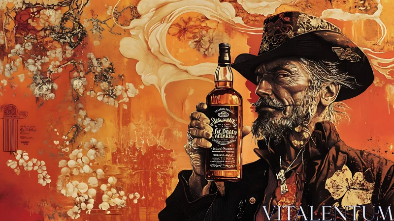 Cowboy whiskey portrait against vivid orange florals.