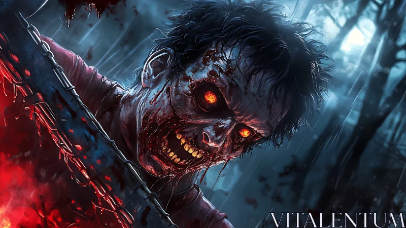 Zombie with glowing eyes lunges over bloodstained metal barrier