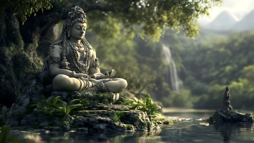 Serene stone deity meditating beside jungle waterfall pond.