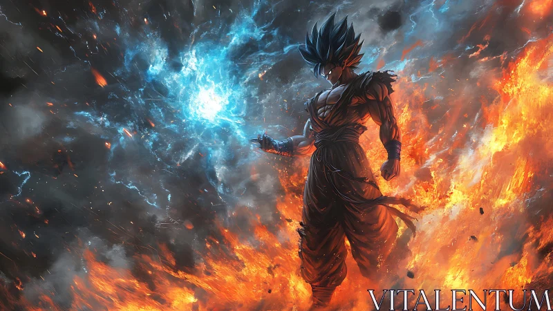 Energy-charged warrior amid bilateral firestorm and blue plasma sphere