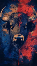 Bison of fire and midnight, split by vivid warpaint.