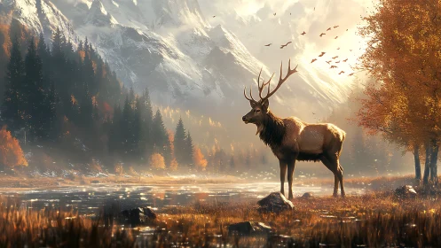 Majestic stag in autumn forest by lake, digital realism landscape.