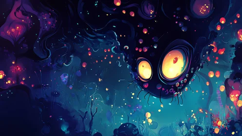 Glowing-eyed cosmic creature drifts above a neon dream forest