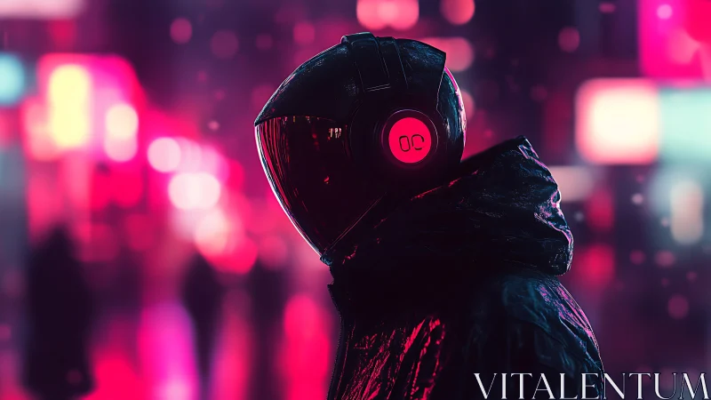 Neon night drapes a hooded listener in electric solitude