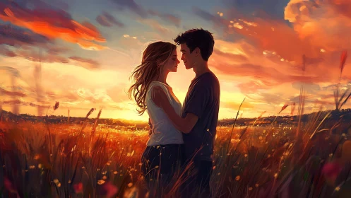 Couple embracing in golden wheat field during sunset