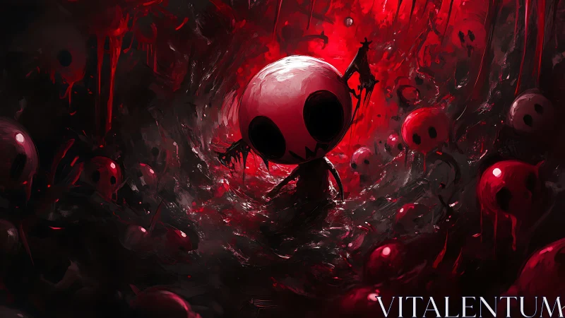 Central skeletal figure stands amid red-black abstract forms