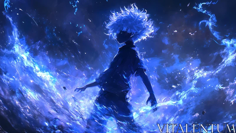 Electric-haired youth commands swirling blue energy storm.