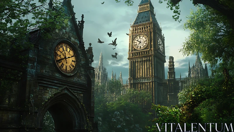 Time-lost London tower wrapped in tranquil forest light.