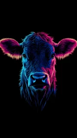 Neon cow portrait in blue and pink on black background.